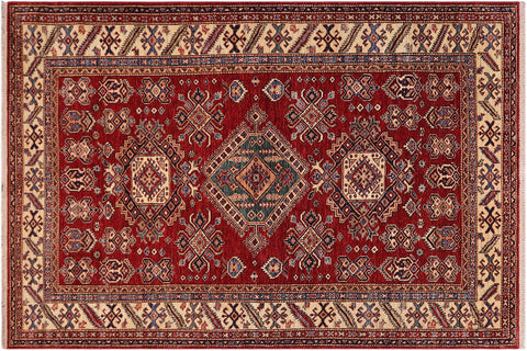 handmade Geometric Super Kazak Red Beige Hand Knotted RECTANGLE 100% WOOL area rug 6' x 9'