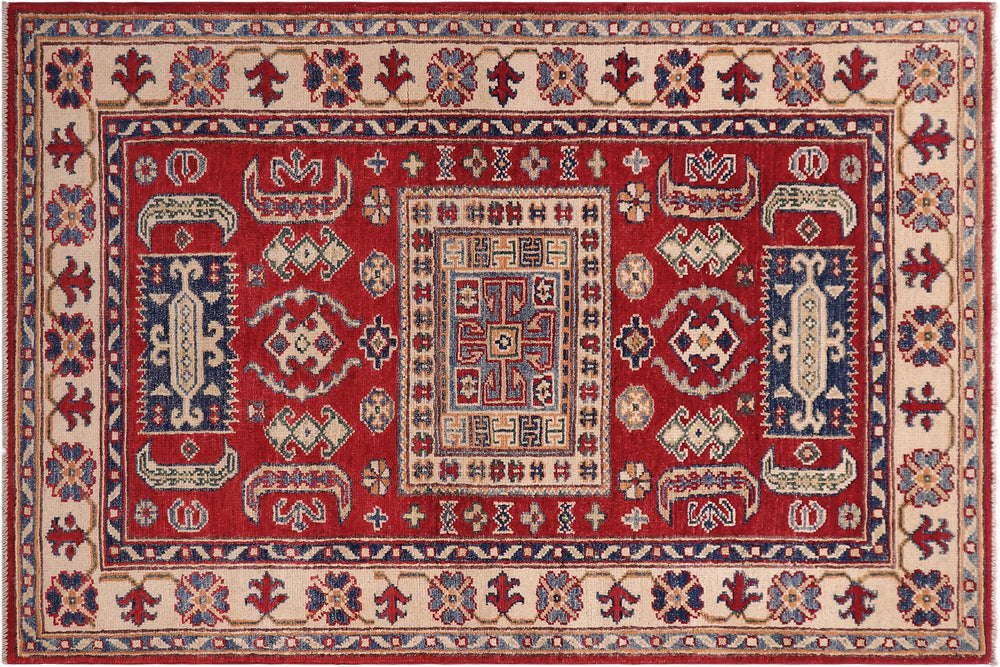 handmade Geometric Kazak Red Beige Hand-made RECTANGLE 100% WOOL area rug 3'X5'