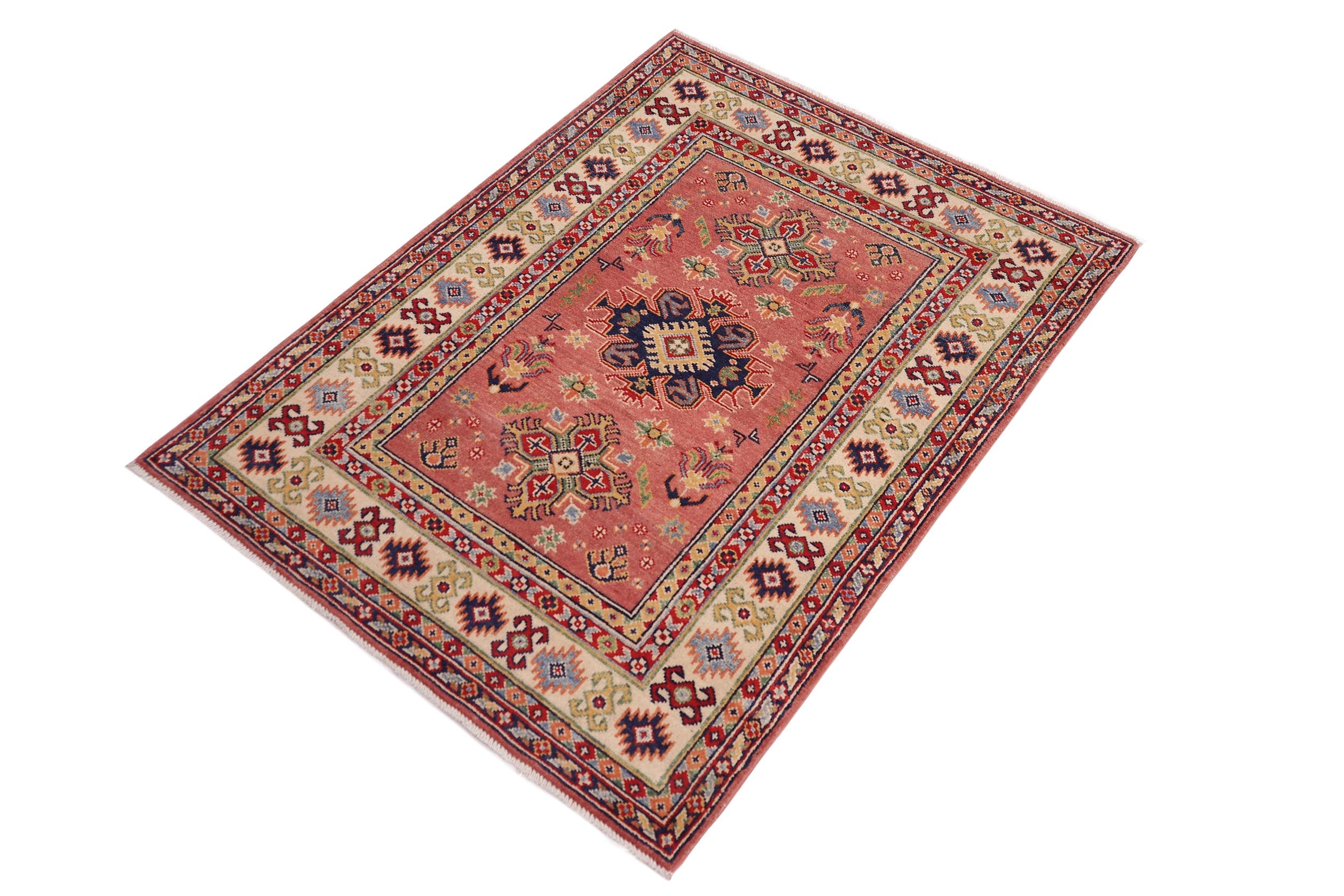 handmade Geometric Kazak Pink Beige Hand-made RECTANGLE 100% WOOL area rug 3'X5'