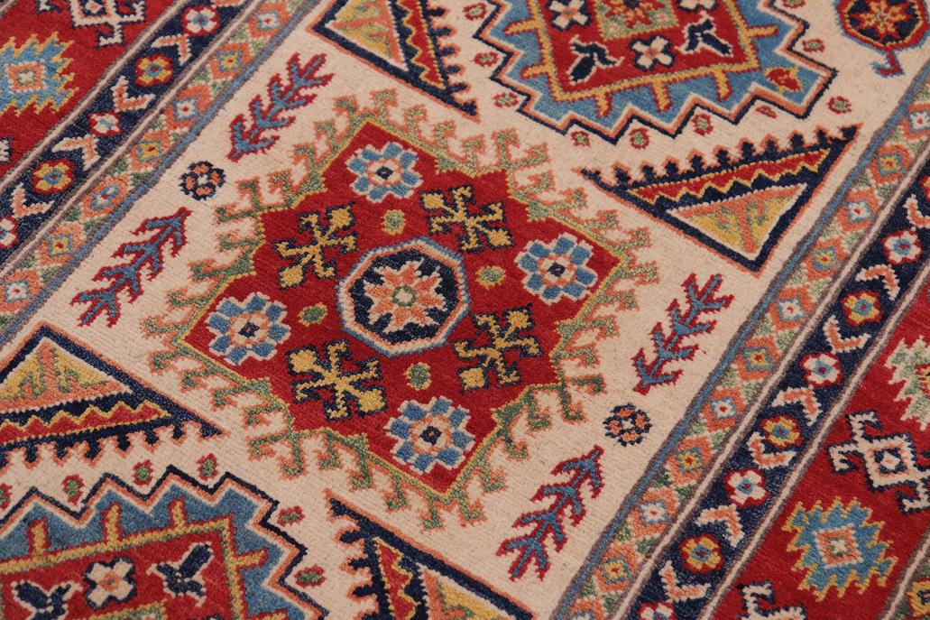 handmade Geometric Kazak Beige Red Hand-made RECTANGLE 100% WOOL area rug 3' x 5'