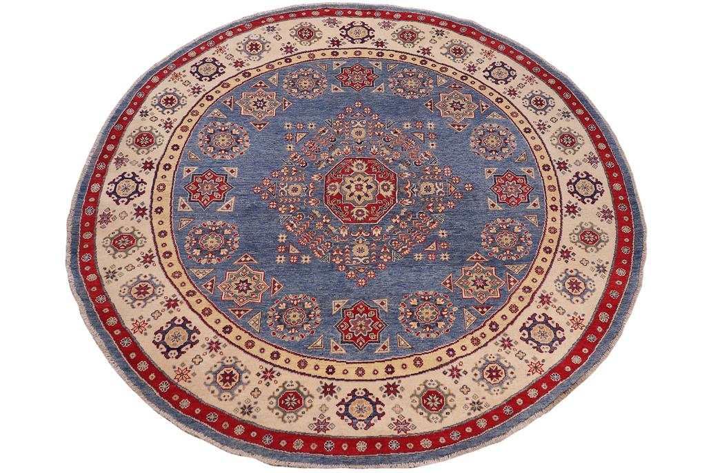 handmade Geometric Kazak Lt. Blue Beige Hand-made ROUND 100% WOOL area rug 8x8