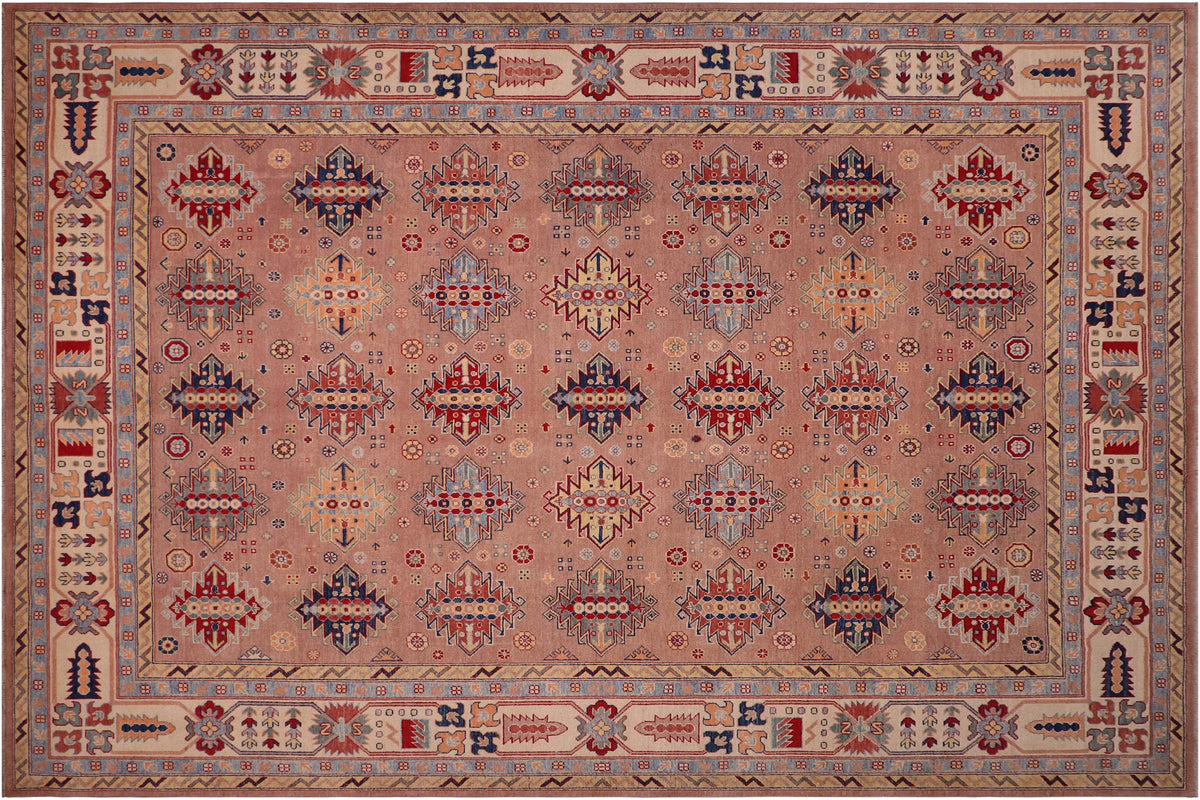 9x12 hand knotted Kazak wool rug in rose and beige - Bohemian Kazak Leila