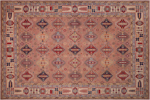 9x12 hand knotted Kazak wool rug in rose and beige - Bohemian Kazak Leila