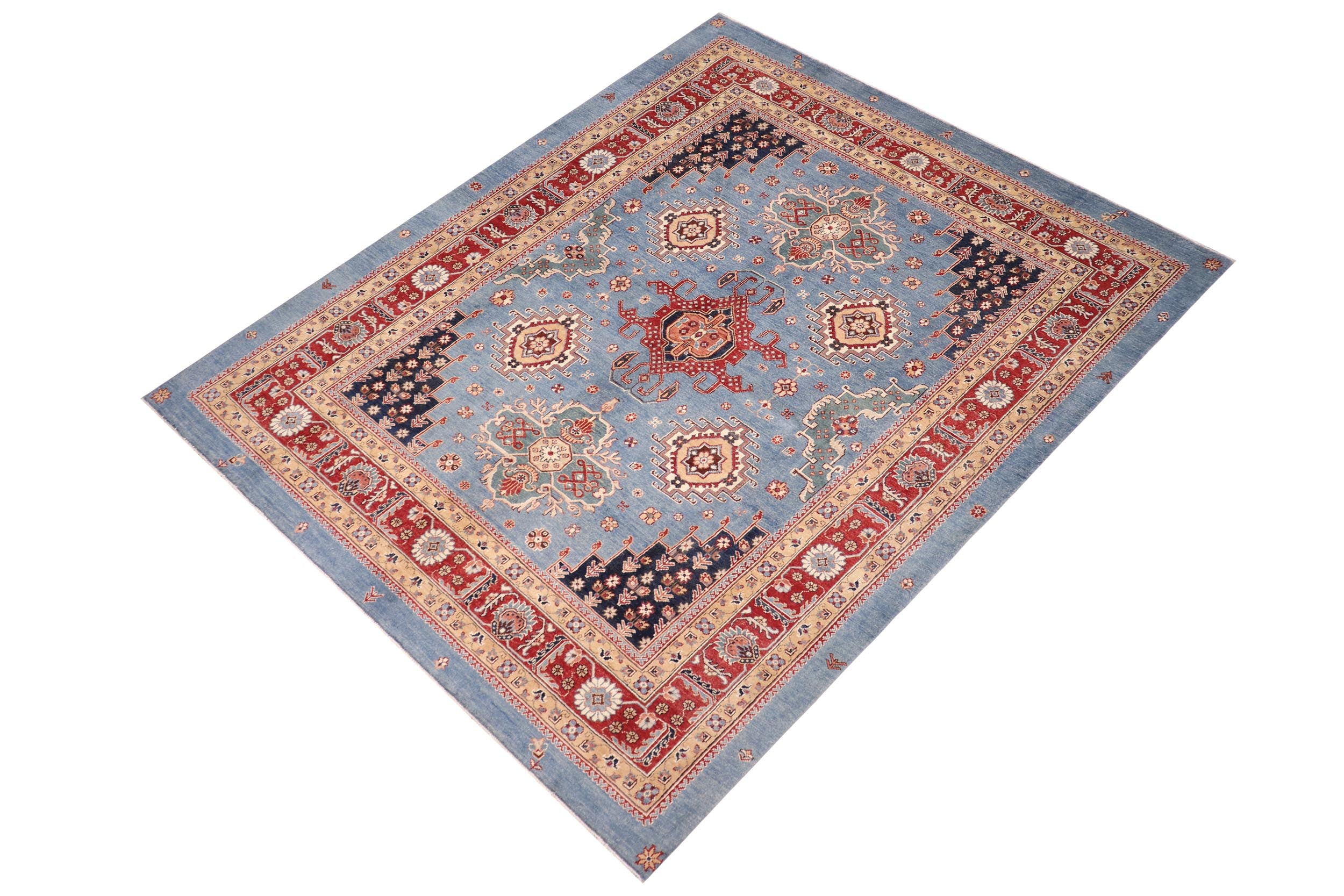 handmade Geometric Kazak Lt. Blue Red Hand-made RECTANGLE 100% WOOL area rug 8'X10'