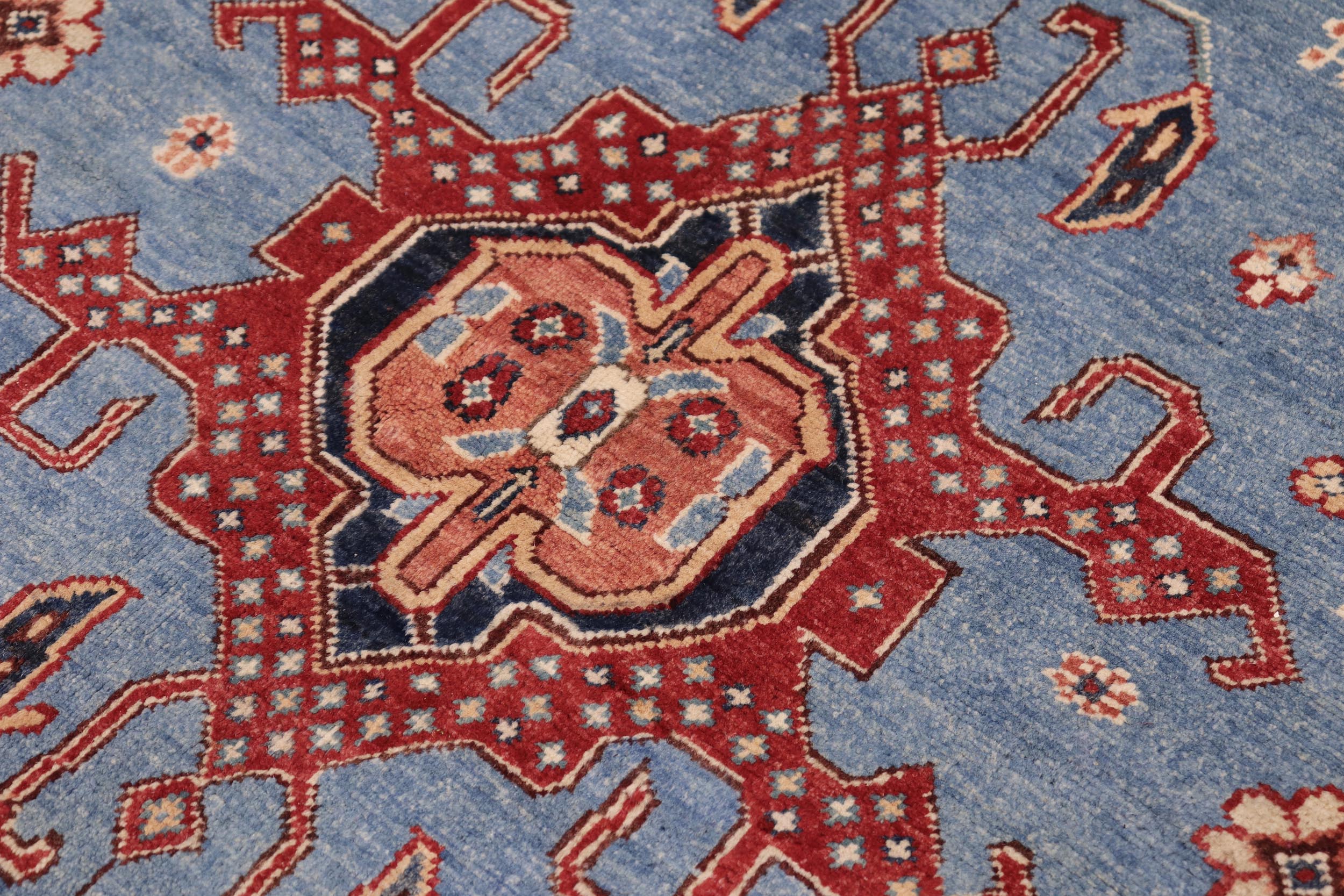 handmade Geometric Kazak Lt. Blue Red Hand-made RECTANGLE 100% WOOL area rug 8'X10'