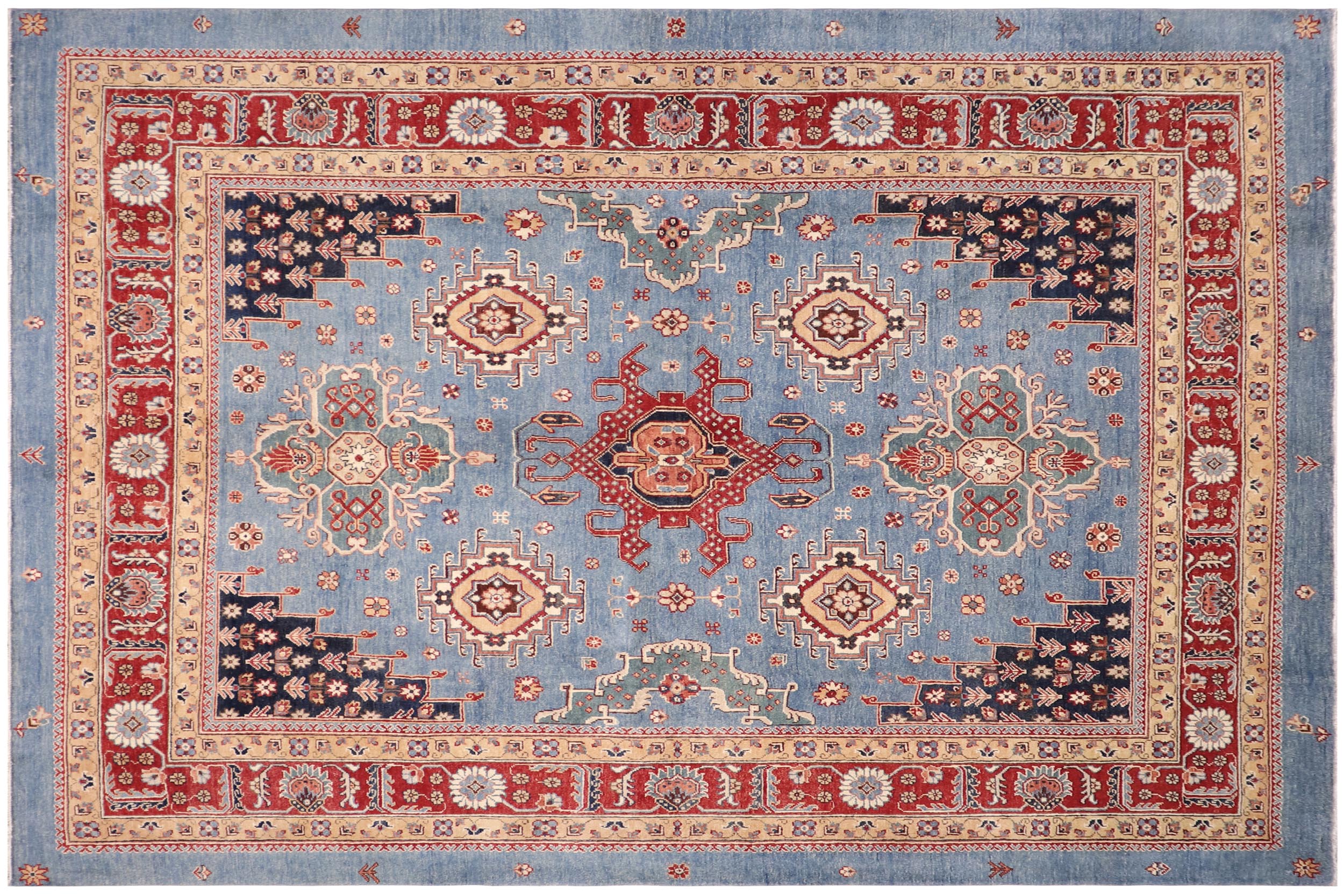 handmade Geometric Kazak Lt. Blue Red Hand-made RECTANGLE 100% WOOL area rug 8'X10'