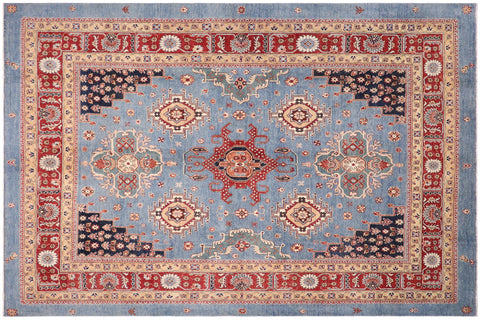 handmade Geometric Kazak Lt. Blue Red Hand-made RECTANGLE 100% WOOL area rug 8'X10'