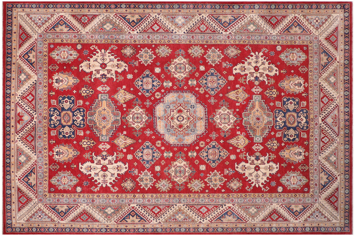 9x12 hand knotted Kazak wool rug in red and ivory - Southwestern Kazak Case