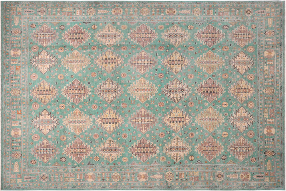 handmade Geometric Kazak Lt. Green Lt. Green Hand-made RECTANGLE 100% WOOL area rug 8'X10'