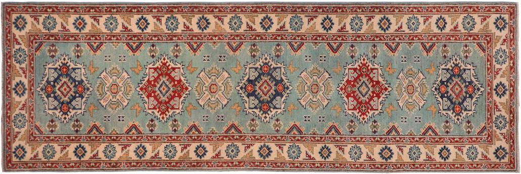 handmade Geometric Kazak light Green Beige Hand-made RUNNER 100% WOOL area rug 3x10