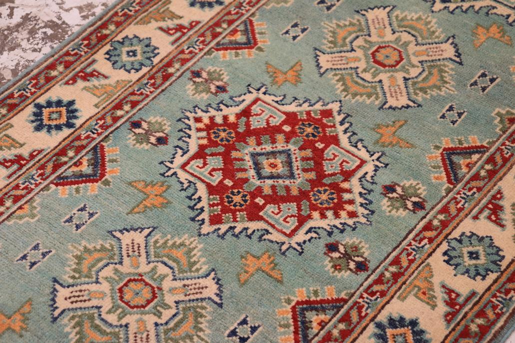 handmade Geometric Kazak light Green Beige Hand-made RUNNER 100% WOOL area rug 3x10