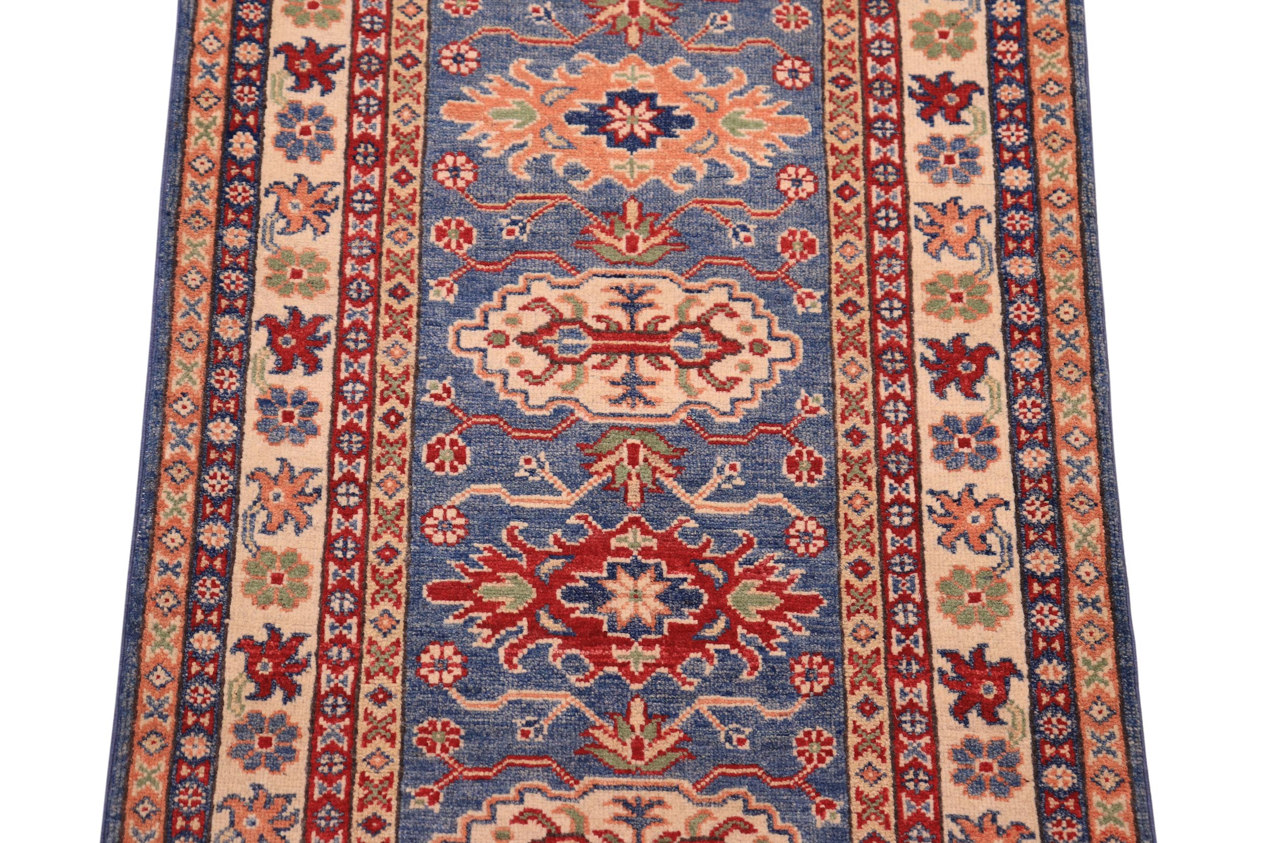 handmade Geometric Kazak light Blue Beige Hand-made RUNNER 100% WOOL area rug 3x10
