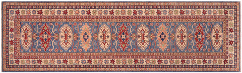 handmade Geometric Kazak light Blue Beige Hand-made RUNNER 100% WOOL area rug 3x10