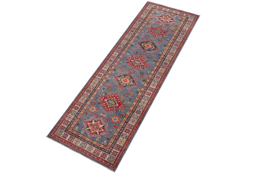 handmade Geometric Kazak light Blue Beige Hand-made RUNNER 100% WOOL area rug 3x10