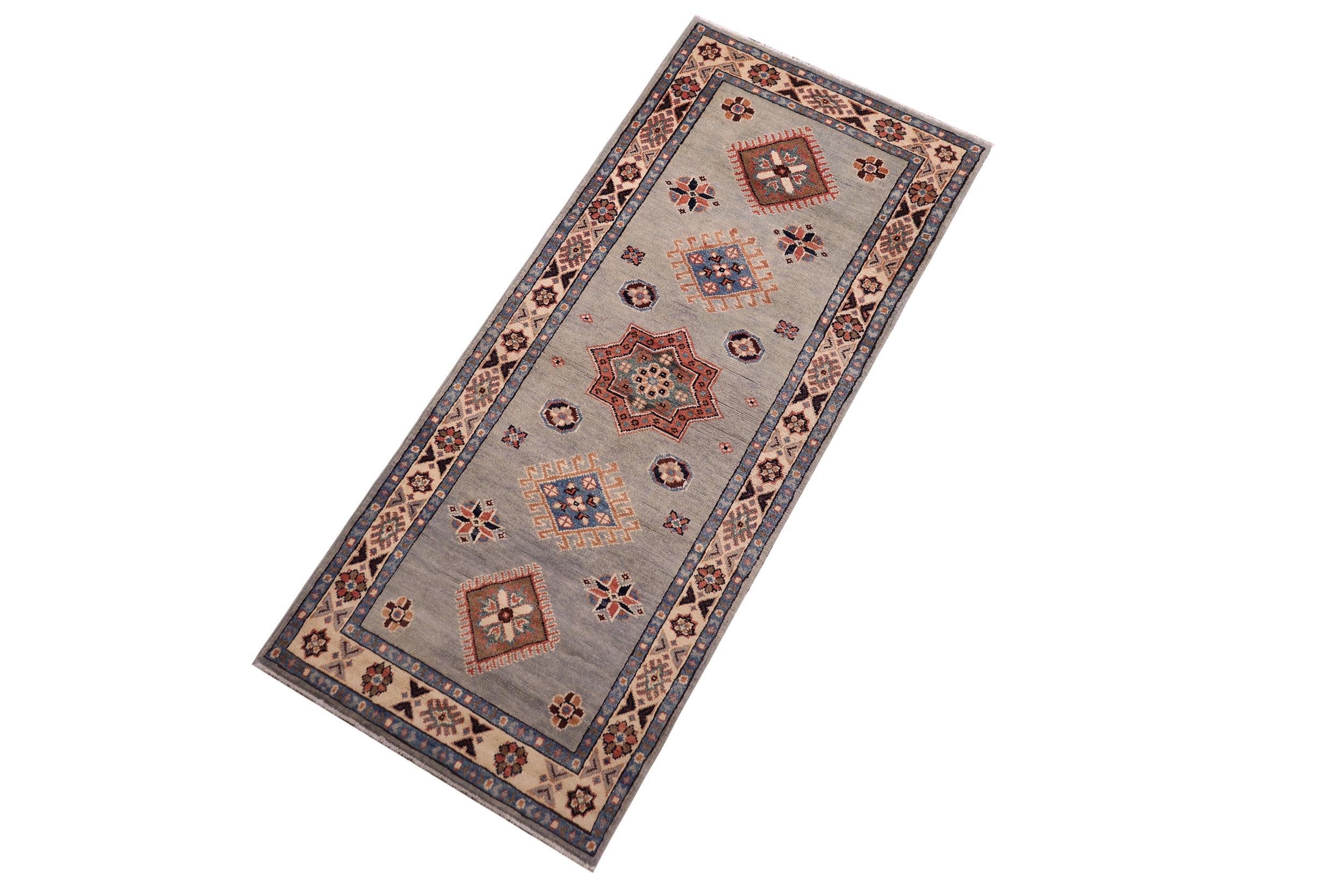 handmade Geometric kazak light Blue Ivory Hand-made RUNNER 100% WOOL area rug 2x6