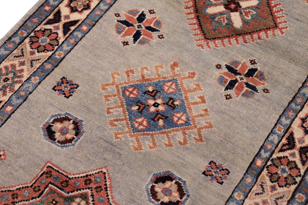 handmade Geometric kazak light Blue Ivory Hand-made RUNNER 100% WOOL area rug 2x6
