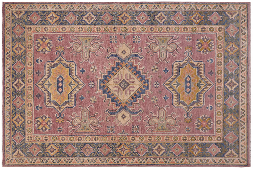 handmade Geometric Kazak Purple Lt. Blue Hand-made RECTANGLE 100% WOOL area rug 4'X6'