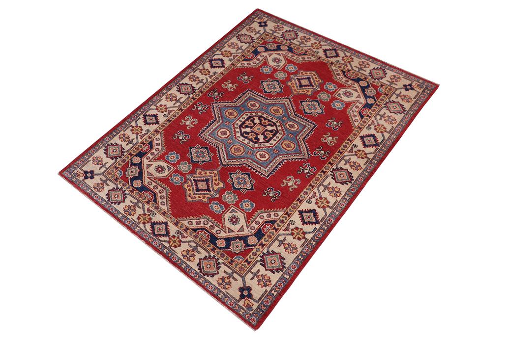 handmade Geometric Kazak Red Beige Hand-made RECTANGLE 100% WOOL area rug 4' x 6'
