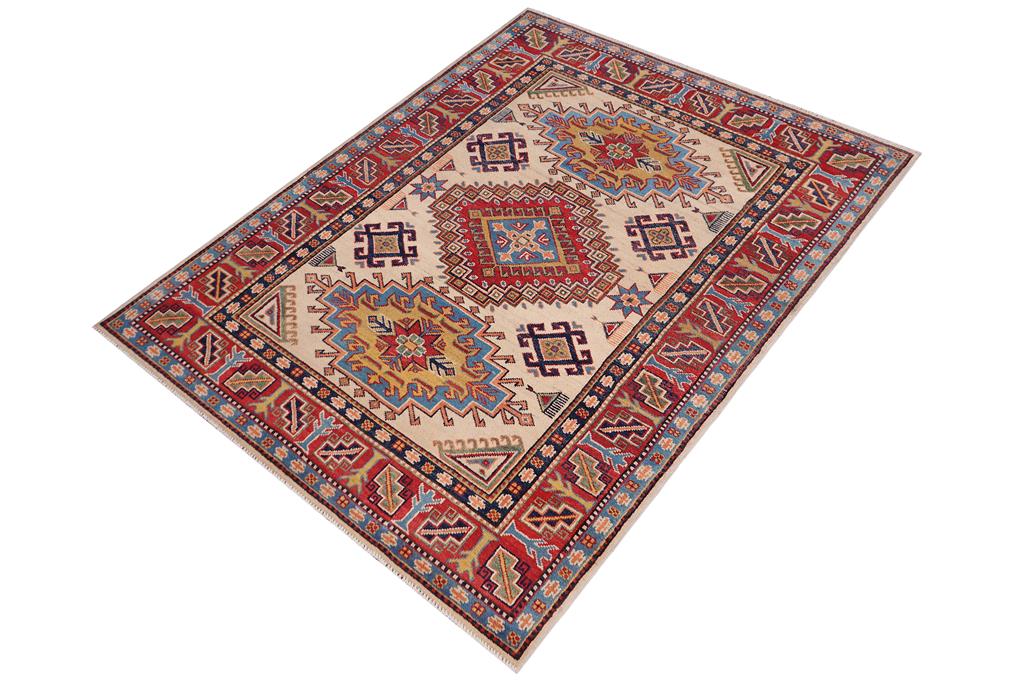 handmade Geometric Kazak Beige Red Hand-made RECTANGLE 100% WOOL area rug 4' x 6'