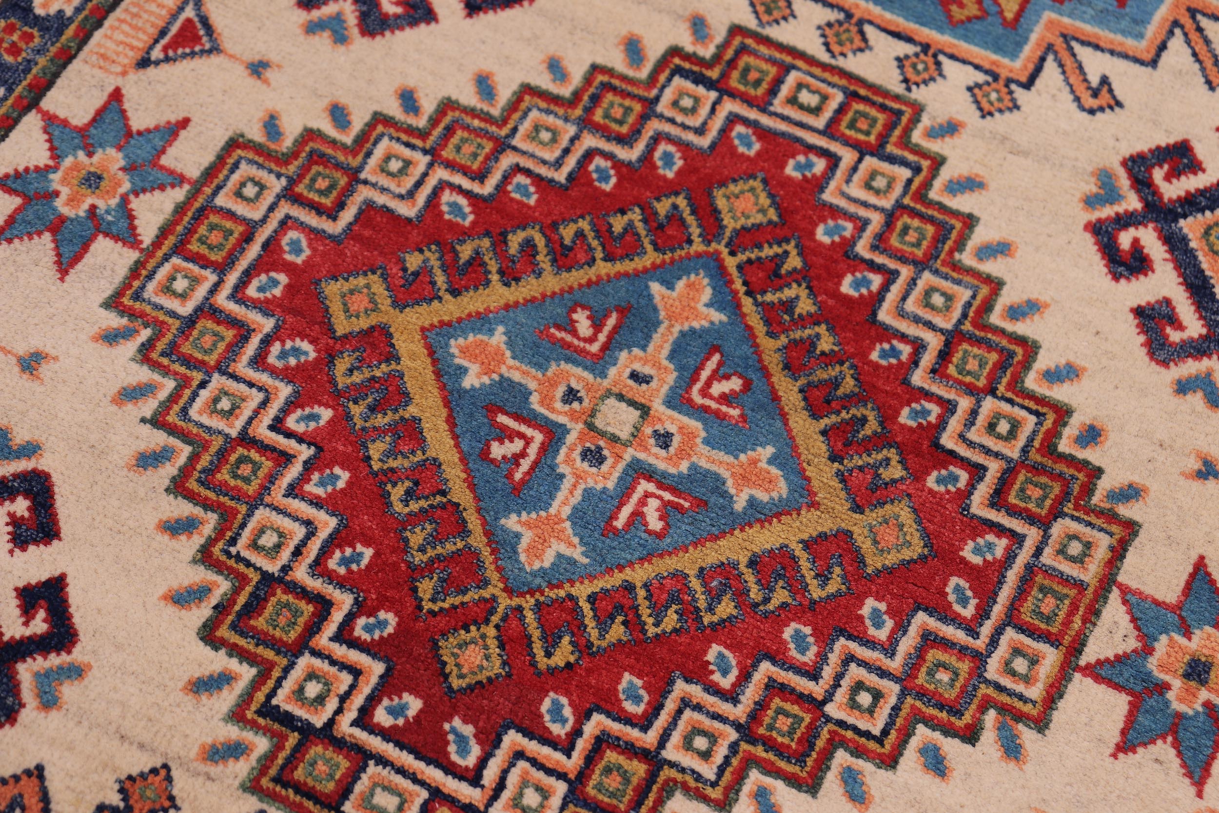 handmade Geometric Kazak Beige Red Hand-made RECTANGLE 100% WOOL area rug 4'X6'