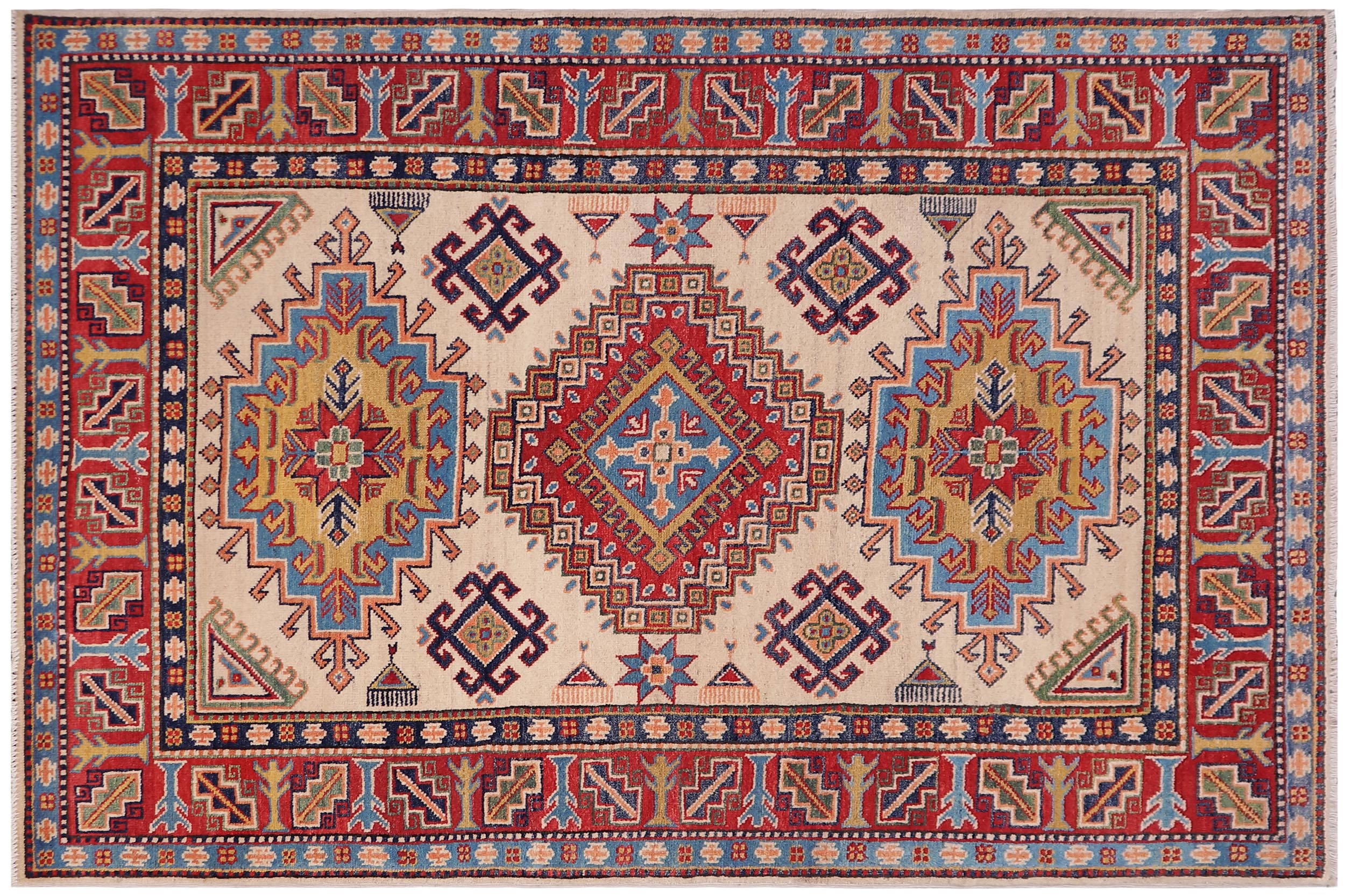 handmade Geometric Kazak Beige Red Hand-made RECTANGLE 100% WOOL area rug 4'X6'