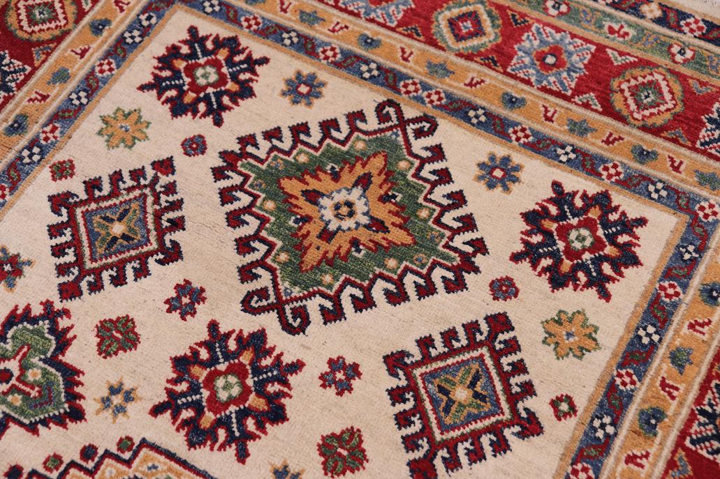 handmade Geometric Kazak Beige Red Hand-made RECTANGLE 100% WOOL area rug 4' x 6'