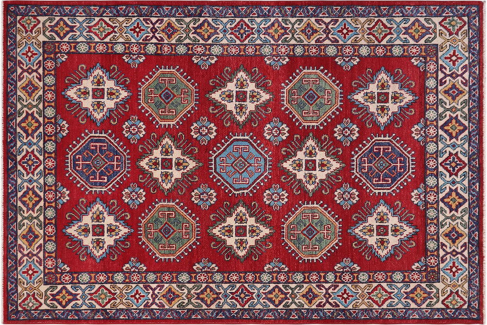 handmade Geometric Kazak Red Beige Hand-made RECTANGLE 100% WOOL area rug 4'X6'