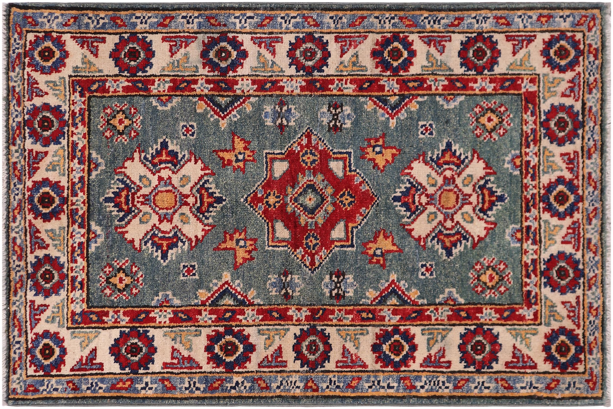 handmade Geometric Kazak Lt. Green Beige Hand-made RECTANGLE 100% WOOL area rug 2'X3'