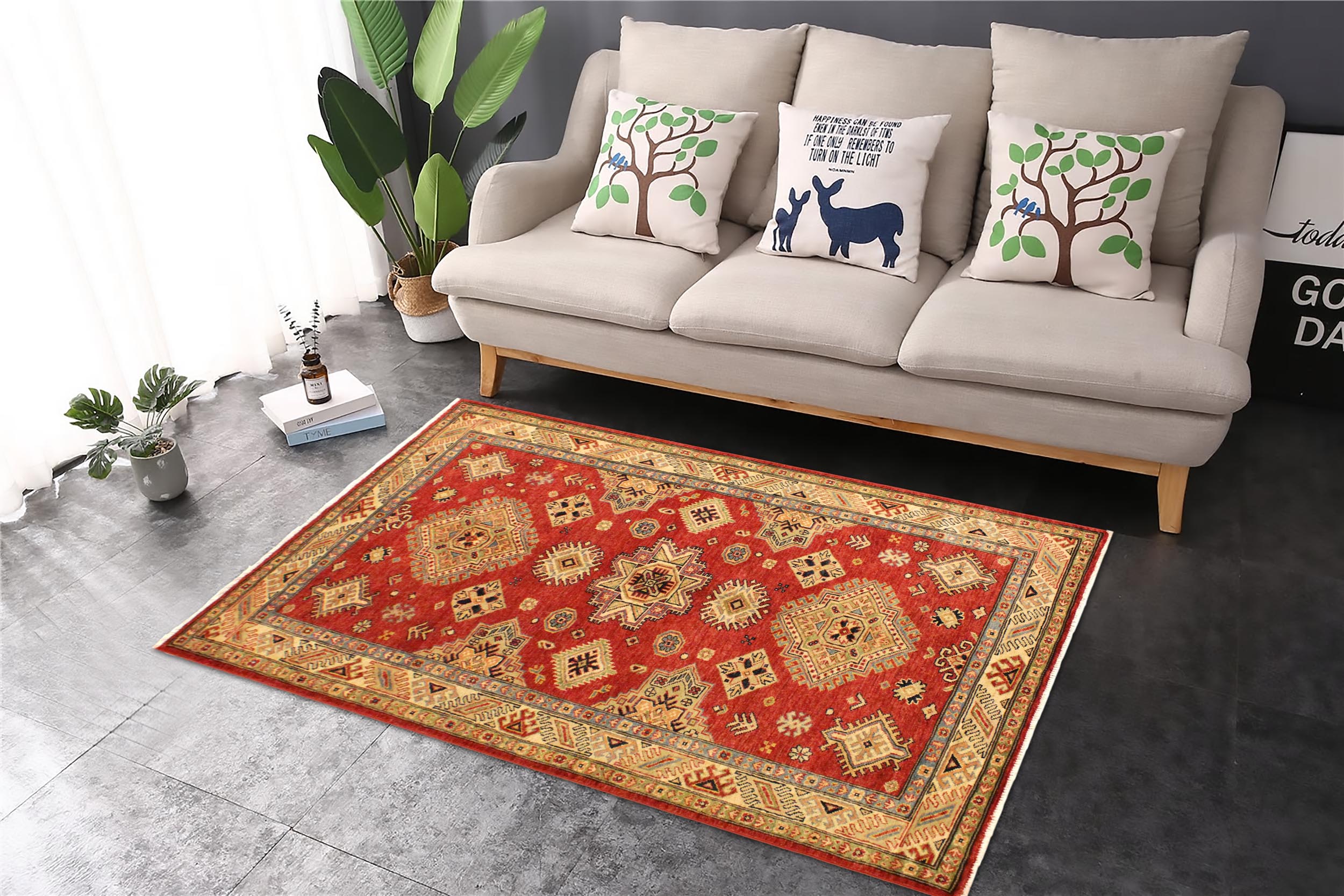 handmade Geometric Super Kazak Red Tan Hand Knotted RECTANGLE 100% WOOL area rug 4' x 6'