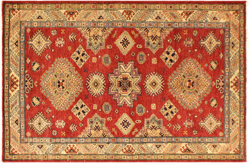 handmade Geometric Super Kazak Red Tan Hand Knotted RECTANGLE 100% WOOL area rug 4' x 6'