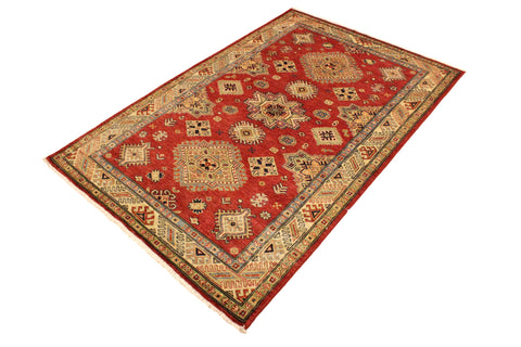 handmade Geometric Super Kazak Red Tan Hand Knotted RECTANGLE 100% WOOL area rug 4' x 6'