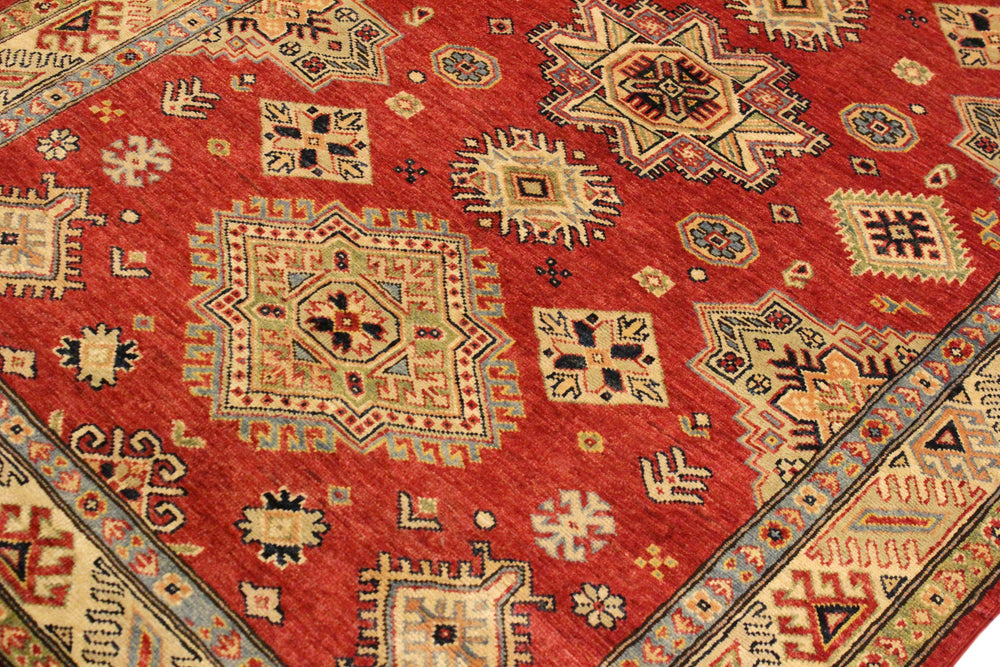 handmade Geometric Super Kazak Red Tan Hand Knotted RECTANGLE 100% WOOL area rug 4' x 6'