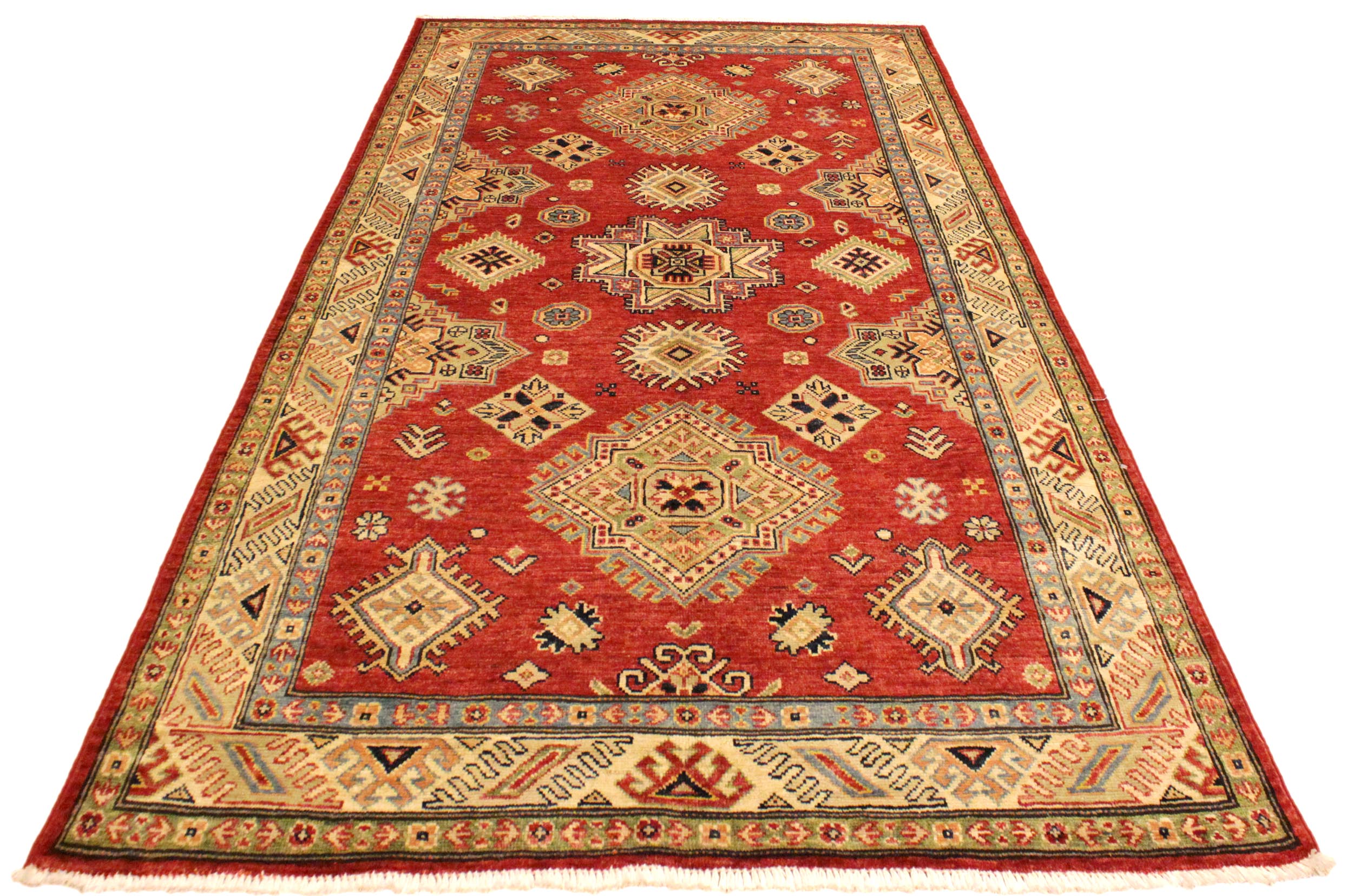 handmade Geometric Super Kazak Red Tan Hand Knotted RECTANGLE 100% WOOL area rug 4' x 6'