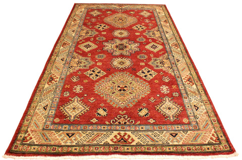 handmade Geometric Super Kazak Red Tan Hand Knotted RECTANGLE 100% WOOL area rug 4' x 6'