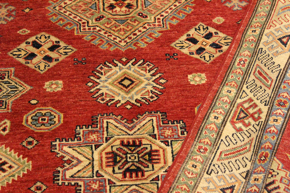handmade Geometric Super Kazak Red Tan Hand Knotted RECTANGLE 100% WOOL area rug 4' x 6'