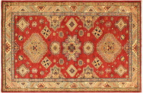 handmade Geometric Super Kazak Red Tan Hand Knotted RECTANGLE 100% WOOL area rug 4' x 6'