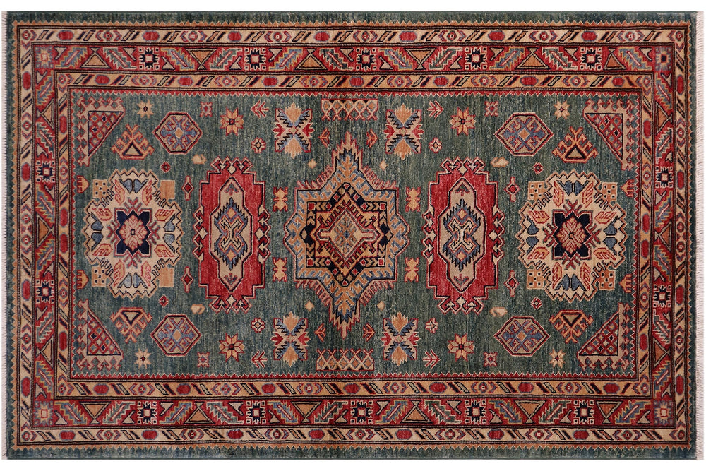 handmade Geometric Super Kazak Green Red Hand Knotted RECTANGLE 100% WOOL area rug 4' x 6'