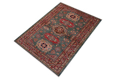 handmade Geometric Super Kazak Green Red Hand Knotted RECTANGLE 100% WOOL area rug 4' x 6'
