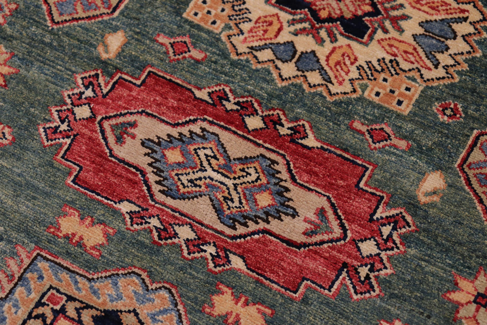 handmade Geometric Super Kazak Green Red Hand Knotted RECTANGLE 100% WOOL area rug 4' x 6'