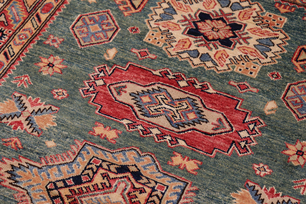 handmade Geometric Super Kazak Green Red Hand Knotted RECTANGLE 100% WOOL area rug 4' x 6'