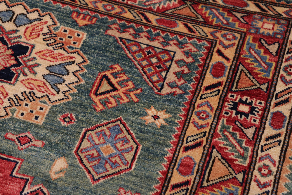 handmade Geometric Super Kazak Green Red Hand Knotted RECTANGLE 100% WOOL area rug 4' x 6'