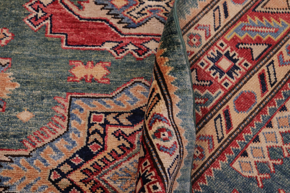 handmade Geometric Super Kazak Green Red Hand Knotted RECTANGLE 100% WOOL area rug 4' x 6'
