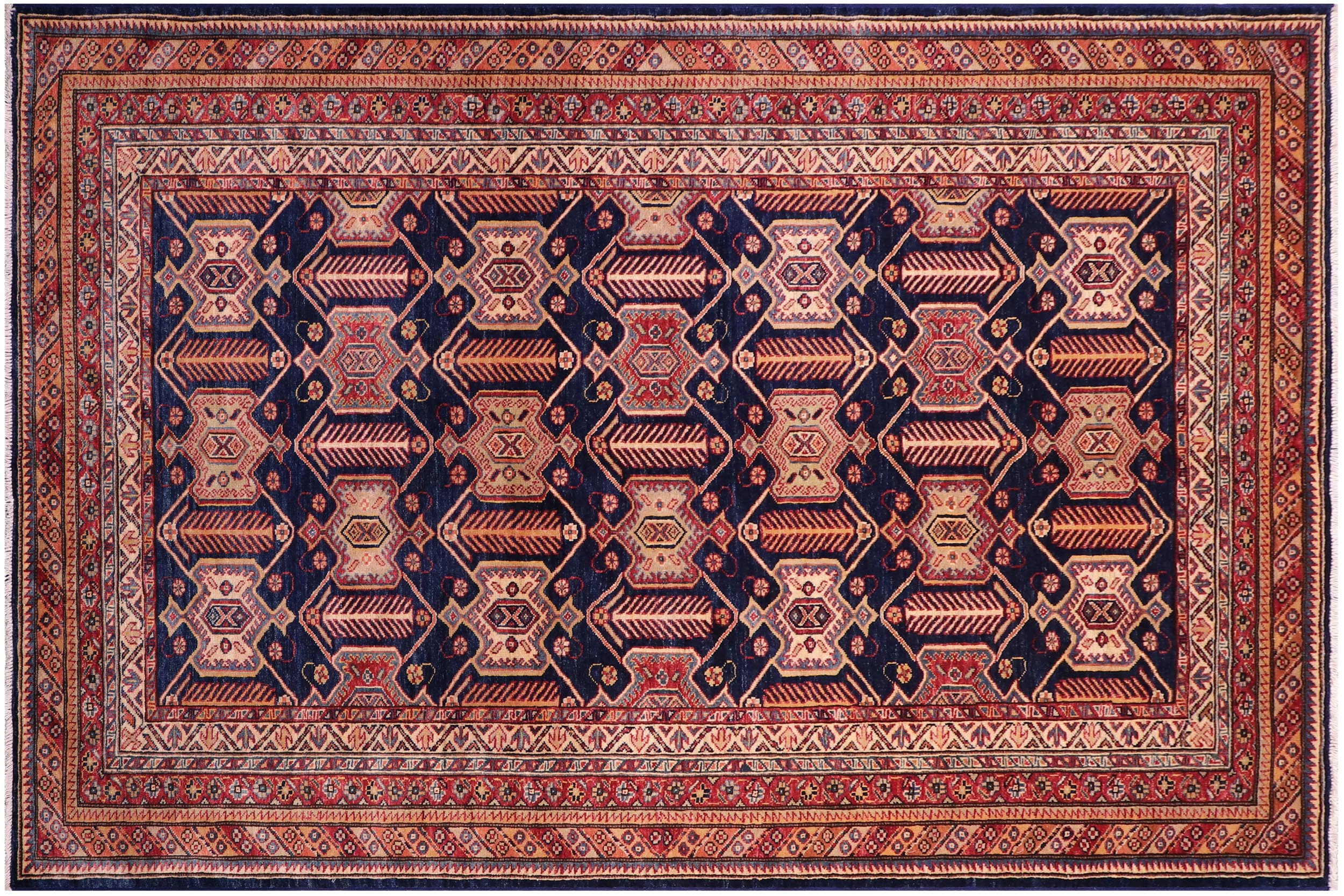 handmade Geometric Super Kazak Blue Multi Hand Knotted RECTANGLE 100% WOOL area rug 5' x 8'