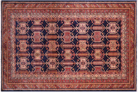 handmade Geometric Super Kazak Blue Multi Hand Knotted RECTANGLE 100% WOOL area rug 5' x 8'