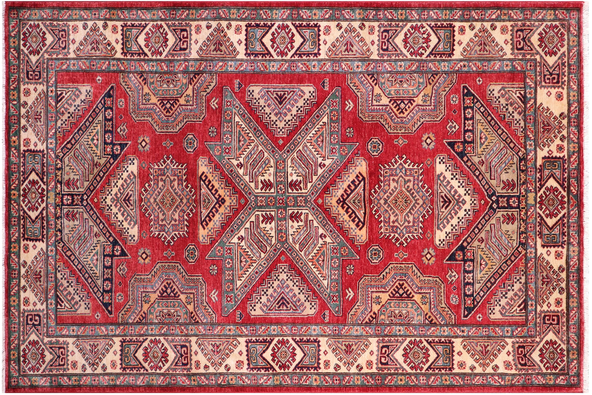 handmade Geometric Super Kazak Red Ivory Hand Knotted RECTANGLE 100% WOOL area rug 6' x 7'