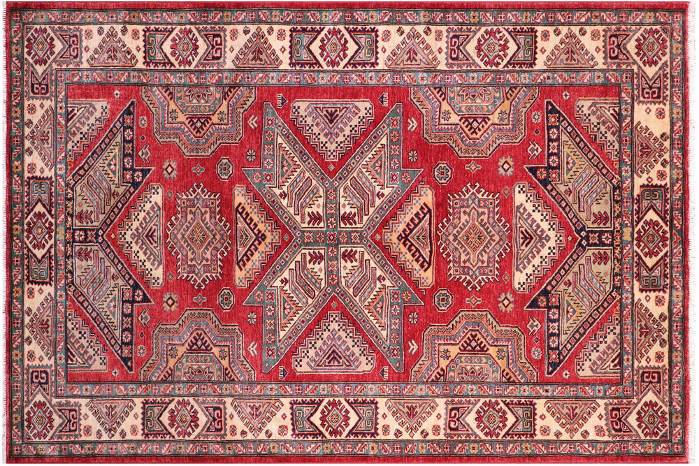 handmade Geometric Super Kazak Red Ivory Hand Knotted RECTANGLE 100% WOOL area rug 6' x 7'