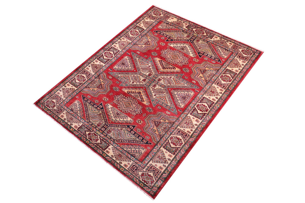 handmade Geometric Super Kazak Red Ivory Hand Knotted RECTANGLE 100% WOOL area rug 6' x 7'