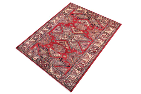 handmade Geometric Super Kazak Red Ivory Hand Knotted RECTANGLE 100% WOOL area rug 6' x 7'