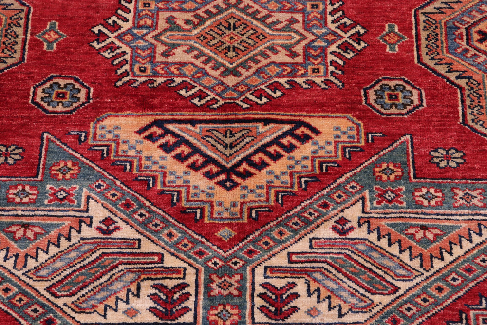 handmade Geometric Super Kazak Red Ivory Hand Knotted RECTANGLE 100% WOOL area rug 6' x 7'