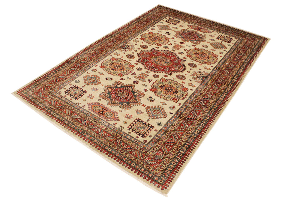 handmade Geometric Super Kazak Beige Rust Hand Knotted RECTANGLE 100% WOOL area rug 6' x 8'